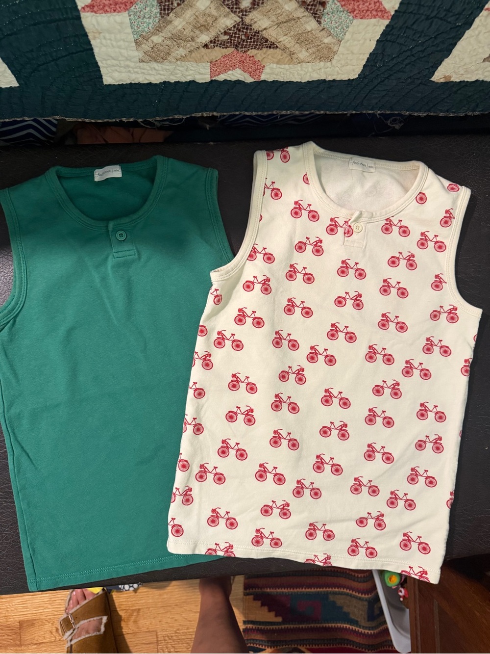 Fin & Vince Kids Tank Top Set - Green Solid & Cream Bicycle Print